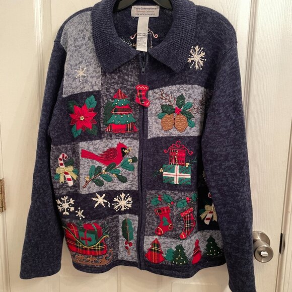 Tiara International Sweater Christmas Cardinals Zip Cardigan Patch Elbows XL - Picture 1 of 10